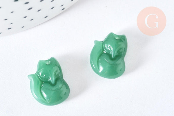 Pendentif Renard Verre vert foncé façon jade 18mm, pendentif animal cristal, x2 (G6918)