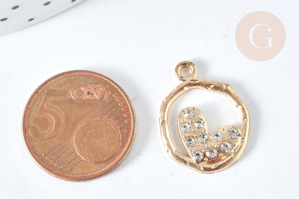 Pendentif Rond cœur zamac doré zircons blancs 22mm, création bijoux amour, x1 G7418