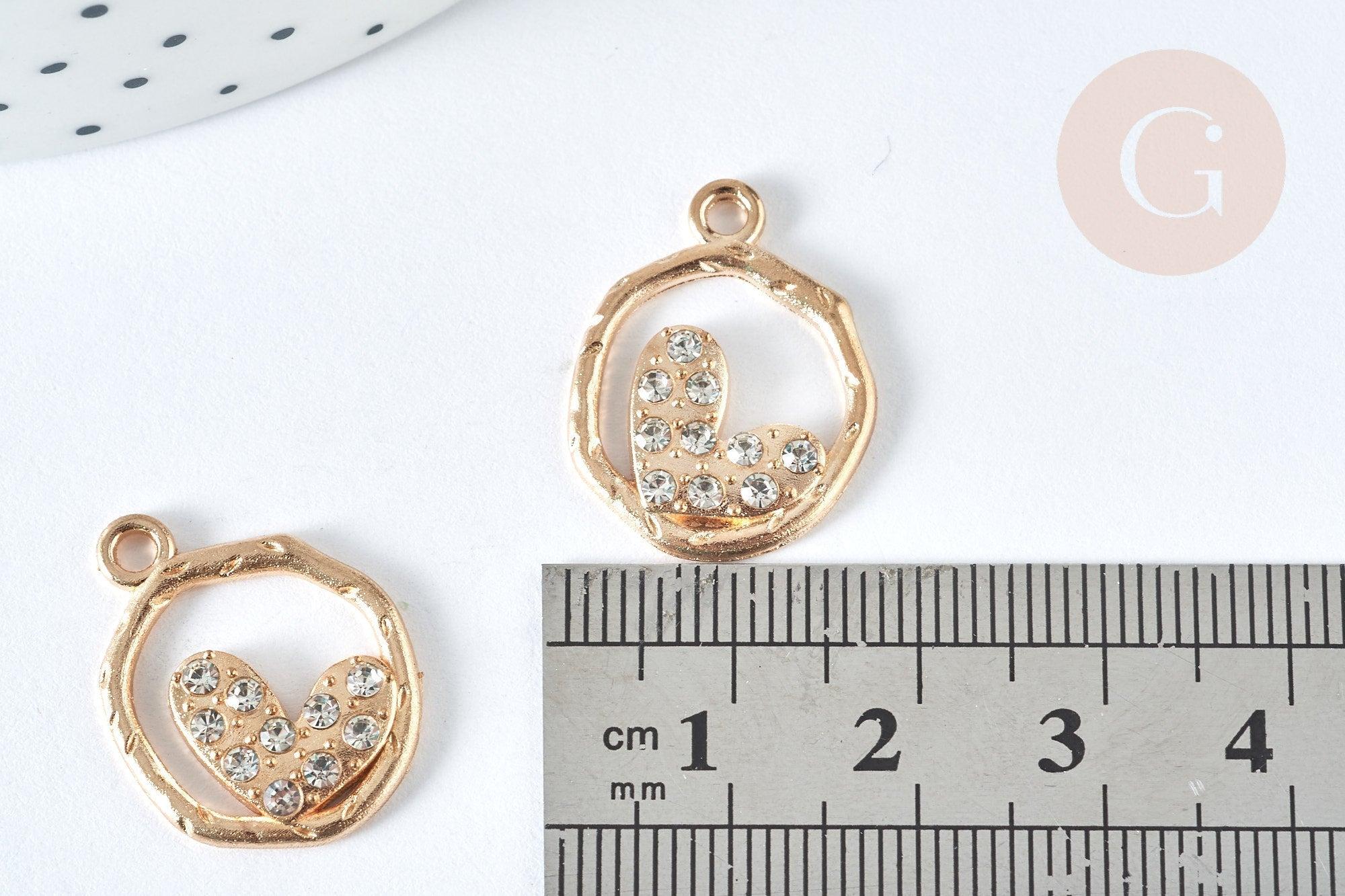 Pendentif Rond cœur zamac doré zircons blancs 22mm, création bijoux amour, x1 G7418
