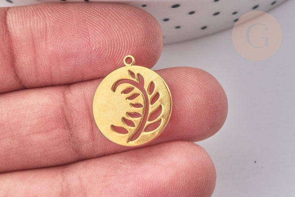 Pendentif Rond plat feuille acier 201 inoxydable doré PVD 18mm, x1 (G7973)