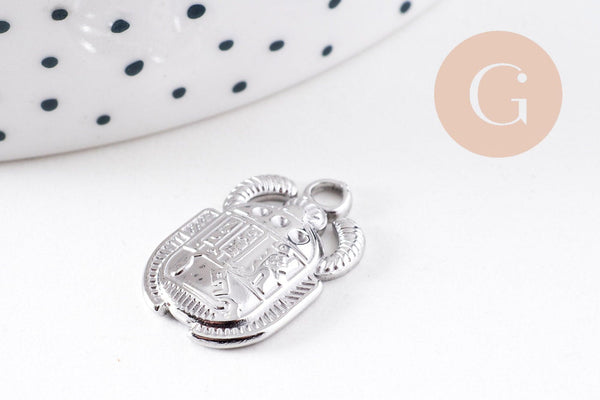 Pendentif Scarabée Egyptien acier 304 inoxydable IP platine 20.5mm, x1 (G10080)