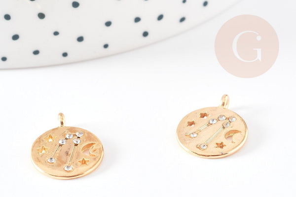 Pendentif Taureau lune et étoiles en zamac dore et zircons 17mm,pendentif médaille doré signe astrologique, x1 G3514
