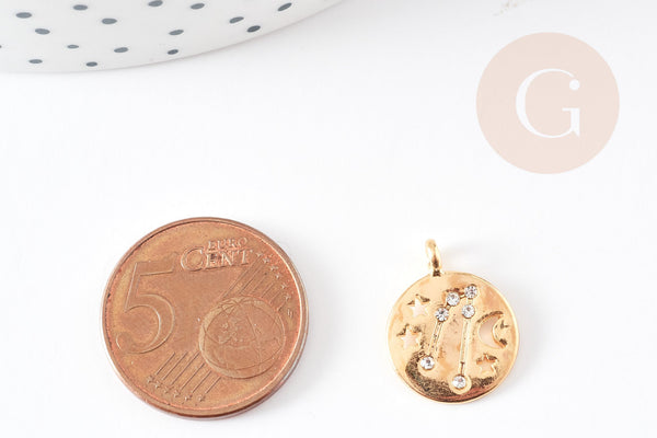 Pendentif Taureau lune et étoiles en zamac dore et zircons 17mm,pendentif médaille doré signe astrologique, x1 G3514