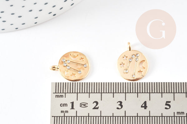Pendentif Taureau lune et étoiles en zamac dore et zircons 17mm,pendentif médaille doré signe astrologique, x1 G3514