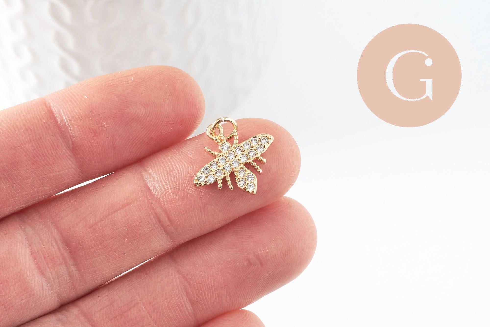 Pendentif abeille laiton doré zircons, fournitures pour bijoux, bijou laiton,pendentif laiton brut,17mm, x1 (G3332)