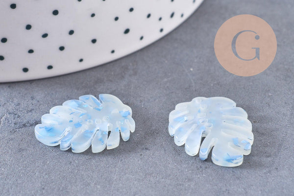 Pendentif acétate feuille monsterosa bleue,perles plastique,connecteur feuille plastique, 27mm, x2 (G4217)