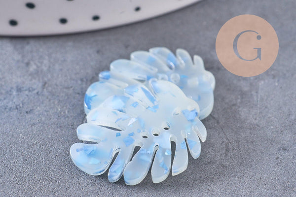 Pendentif acétate feuille monsterosa bleue,perles plastique,connecteur feuille plastique, 27mm, x2 (G4217)