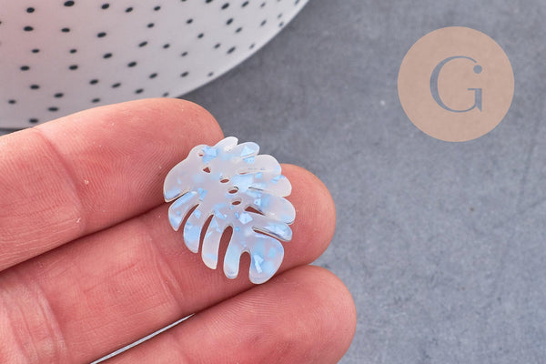 Pendentif acétate feuille monsterosa bleue,perles plastique,connecteur feuille plastique, 27mm, x2 (G4217)
