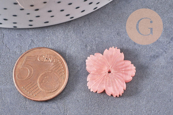 Pendentif acétate fleur rose paillettes,perles plastique,bijou fleur plastique, 20mm x5 (G4013)