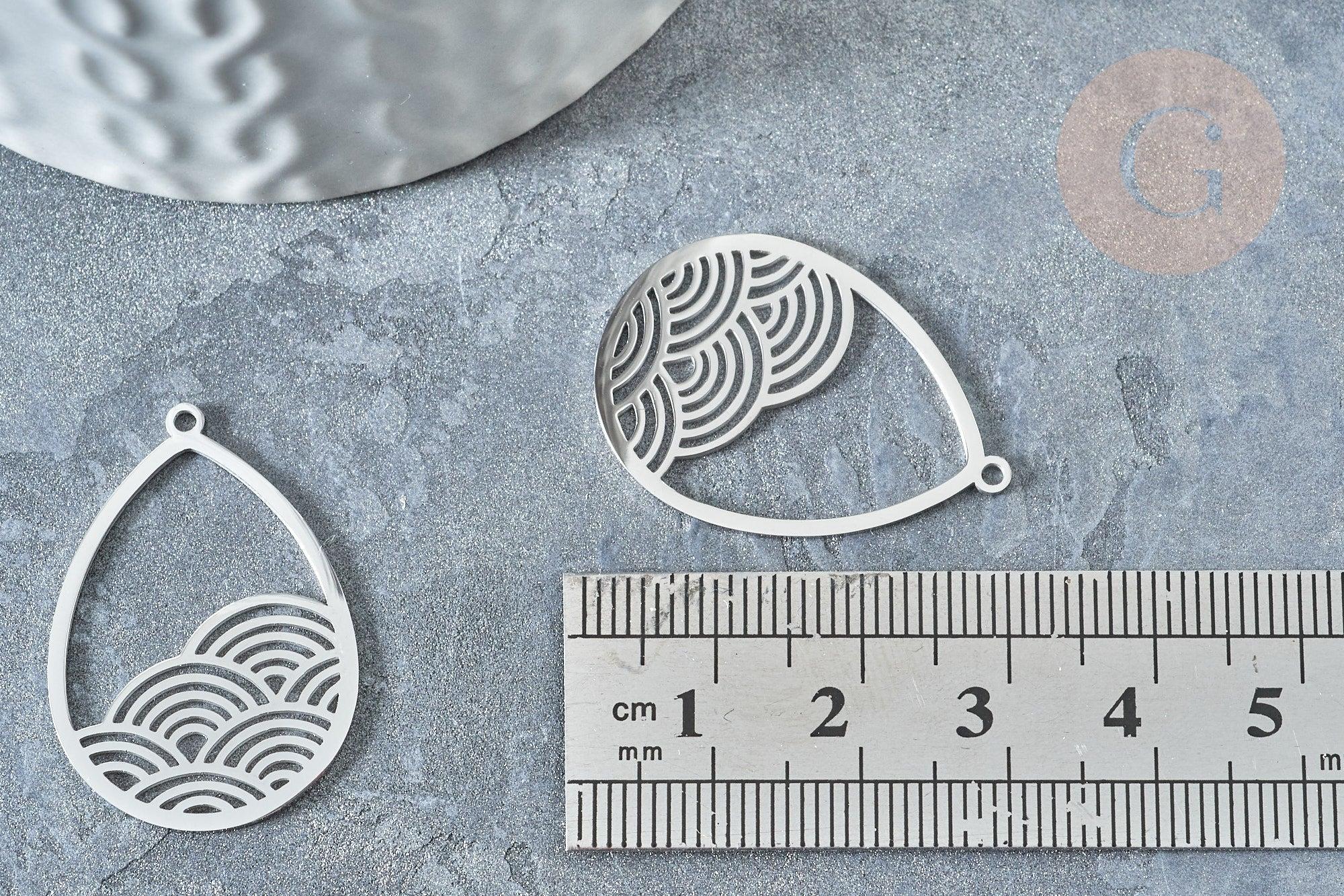 Pendentif acier argenté goutte de pluie 30mm, bijoux acier inoxydable sans nickel, x1 G7612