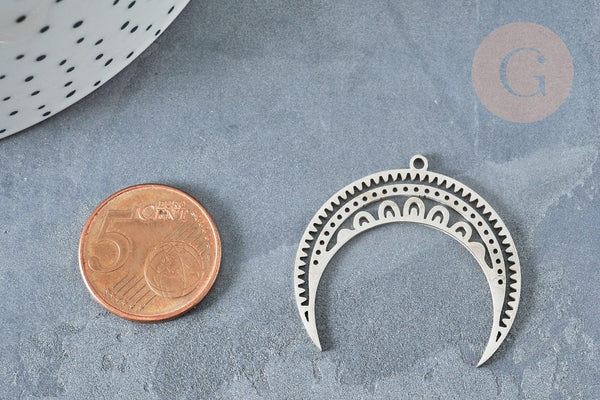 Pendentif acier argenté lune et étoiles 31mm, x1 (G8189)