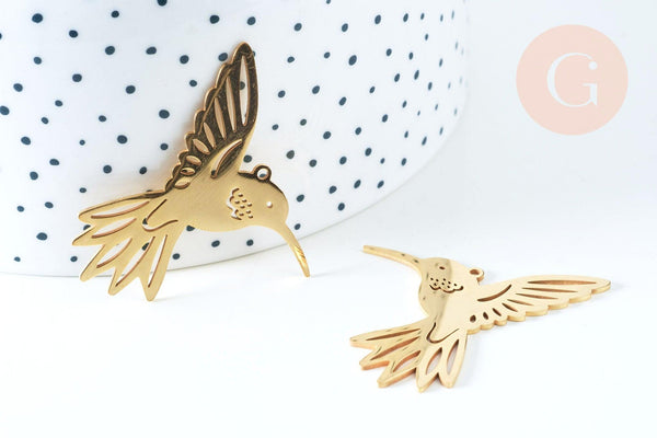 Pendentif acier doré 18K oiseau colibri 39.5mm, x1 (G6335)