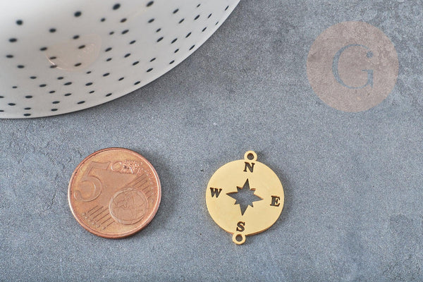 Pendentif acier dore boussole rose des ventes,breloque doré, acier inoxydable doré, pendentif sans nickel,23mm, x1 G4788