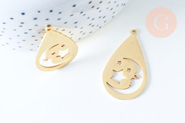 Pendentif acier doré lune étoile 38mm, breloque doré, acier inoxydable doré, pendentif sans nickel, x1 (G6347)