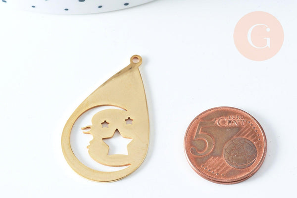 Pendentif acier doré lune étoile 38mm, breloque doré, acier inoxydable doré, pendentif sans nickel, x1 (G6347)