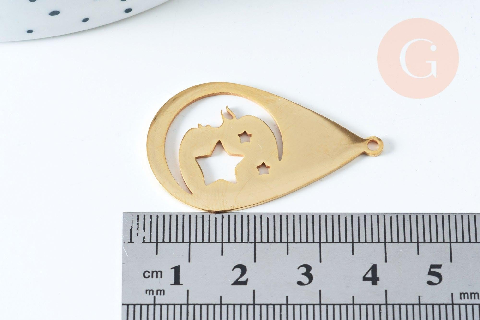 Pendentif acier doré lune étoile 38mm, breloque doré, acier inoxydable doré, pendentif sans nickel, x1 (G6347)