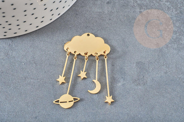 Pendentif acier doré nuage et constellations 49mm, breloque , acier inoxydable doré, pendentif sans nickel, x1 (G5736)