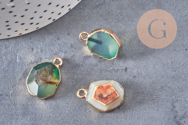 Pendentif agate naturelle verte laiton doré 17-22mm, x1 (G2619)