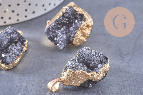 Pendentif agate noire druzy naturelle 30mm, x1 (G2567)