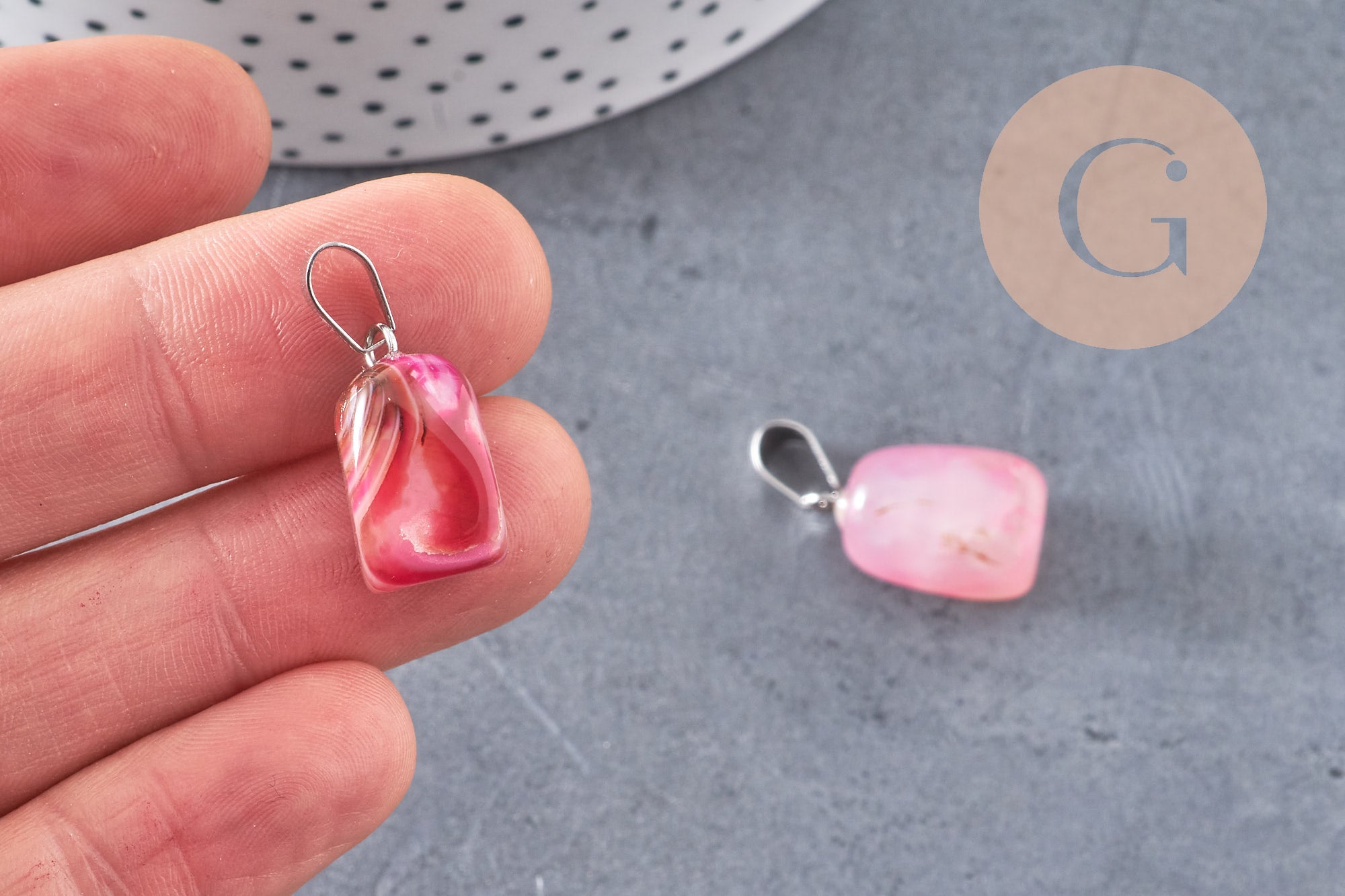 Pendentif agate rose rayée support acier argent, pendentif pierre, agate naturelle,création bijoux, pierre naturelle, 23mm, x1, G3901