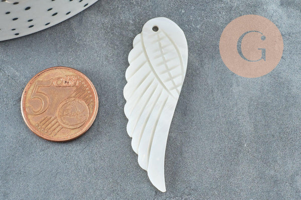 Pendentif aile nacre blanche naturelle,bijou nacre,pendentif aile ange nacre,coquillage blanc, 49mm, x1 G3875