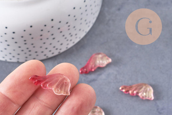 Pendentif aile verre rose fuchsia or 24.5mm ,pendentif verre ,x10 (G5832)