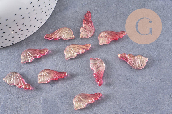 Pendentif aile verre rose fuchsia or 24.5mm ,pendentif verre ,x10 (G5832)