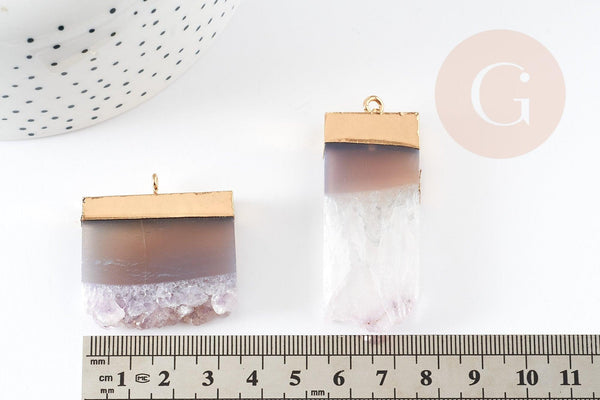 Pendentif améthyste brute violette doré 31~41mm,pendentif pierre, pierre naturelle,1 Anneau, x1 (G0646)