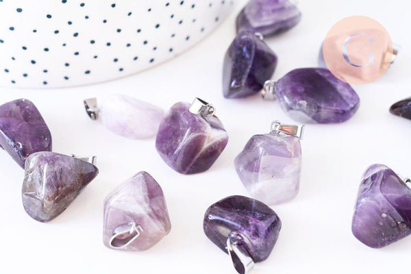 Pendentif améthyste naturelle roulée acier inoxydable platine 15-35mm, x1 (G5532)