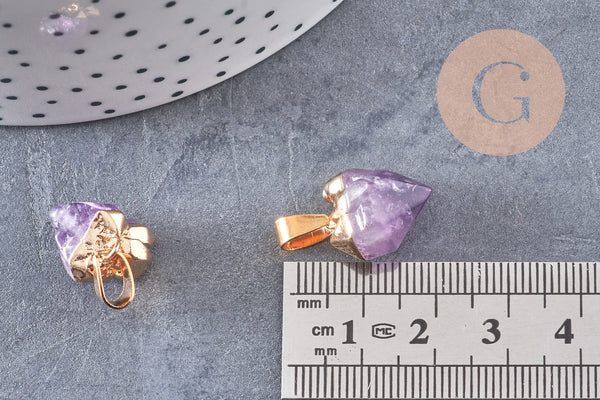 Pendentif améthyste violette brute, , support doré, création bijoux, pierre naturelle, 25mm, x1 (G2498)