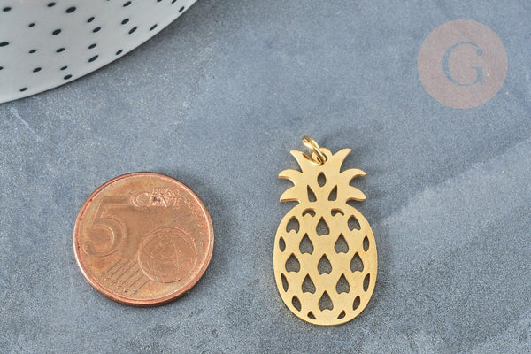 Pendentif ananas acier inoxydable 201 doré 28mm, x1 (G6024)