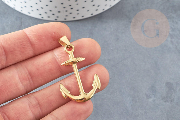 Pendentif ancre acier doré 14k, fourniture bijoux,acier doré inoxydable ,pendentif bijoux sans nickel,37.5mm, x1 (G4522)