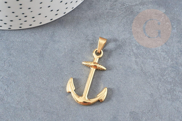 Pendentif ancre acier doré 14k, fourniture bijoux,acier doré inoxydable ,pendentif bijoux sans nickel,37.5mm, x1 (G4522)