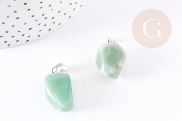 Pendentif aventurine verte roulé acier platine, pendentif pierre acier inoxydable, bijou pendentif pierre naturelle,15-35mm, x1 G4403