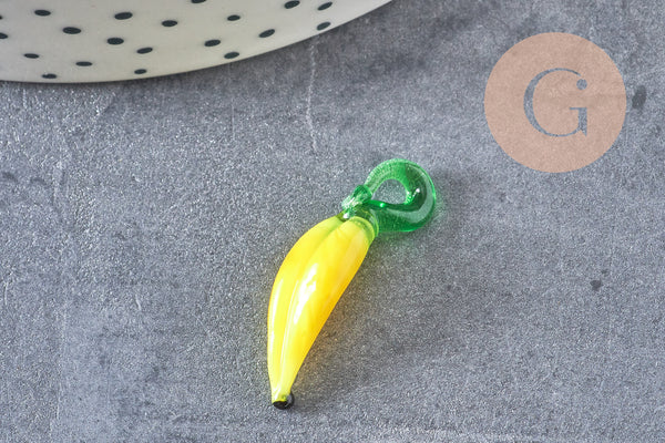 Pendentif banane fruit verre artisana tchèque 25mm,x5 (G2966)