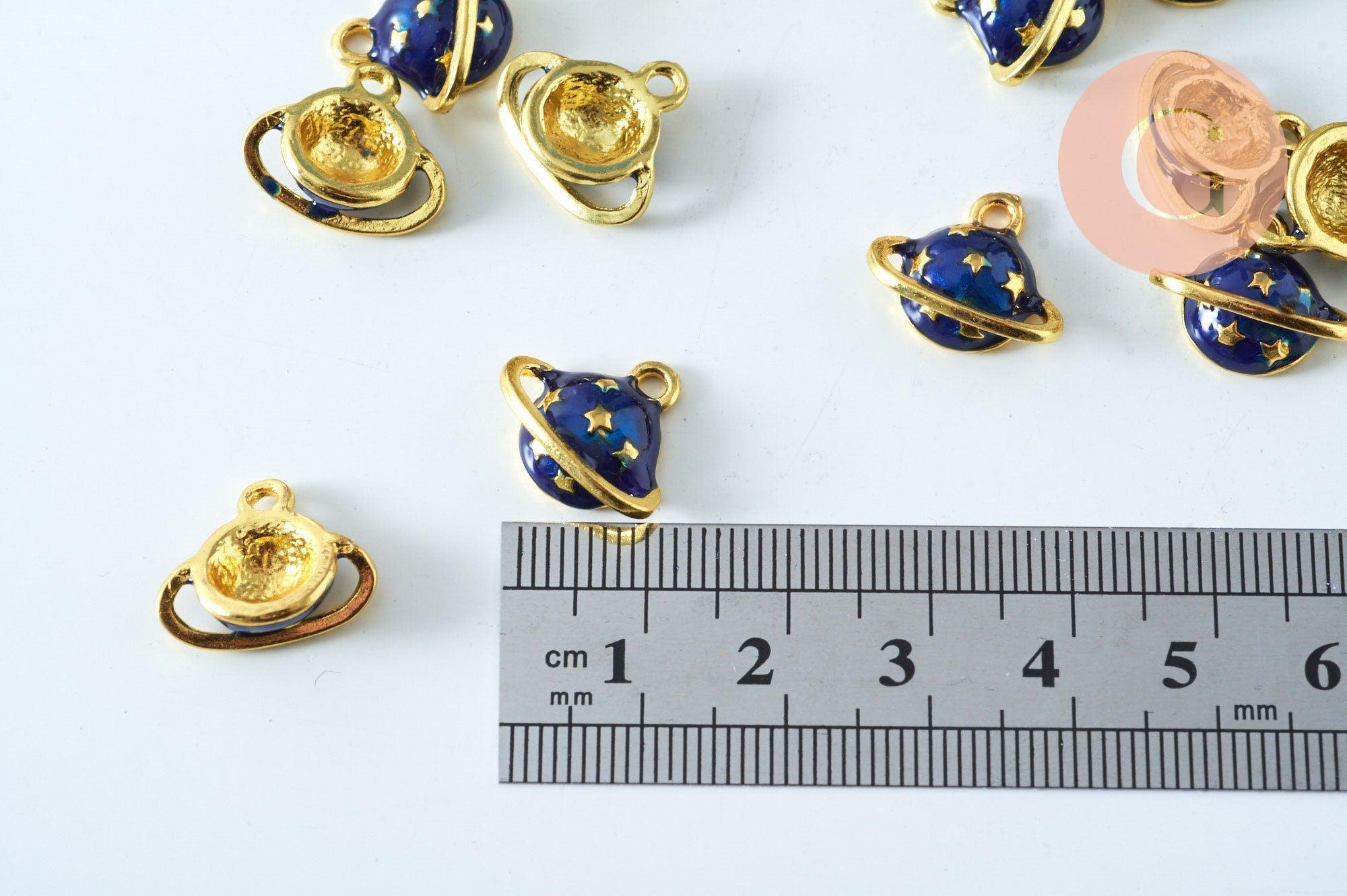 Pendentif boule planète étoiles émail bleu zamac doré 13mm, pendentif laiton émaillé,sans nickel, x1 G6006