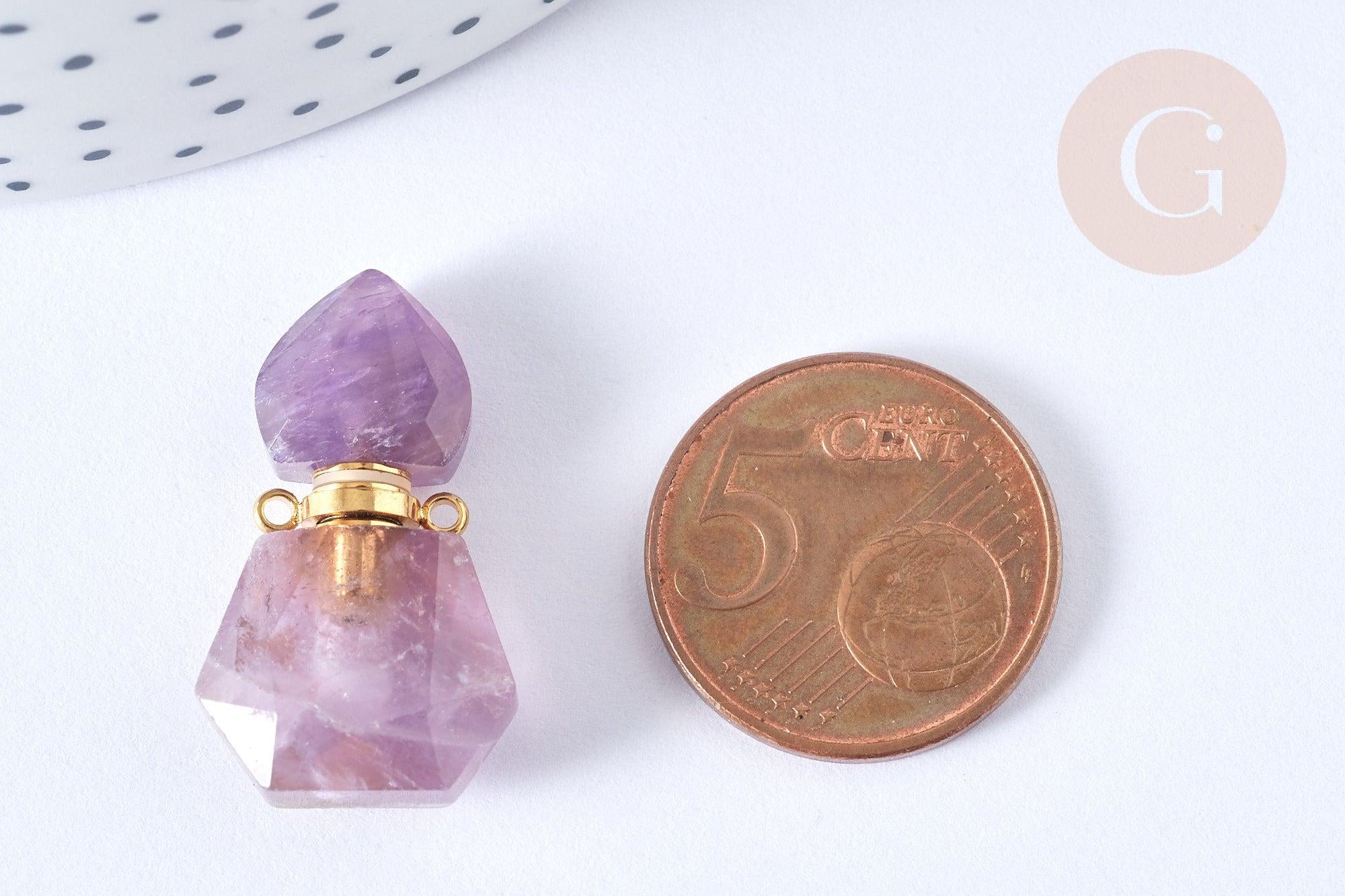 Pendentif bouteille parfum améthyste naturelle acier 304 inoxydable doré 27.5mm, x1 (G3928)