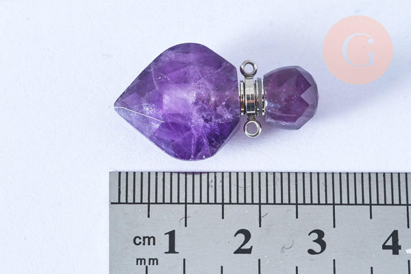 Pendentif bouteille parfum améthyste naturelle platine argenté 27mm ,x1 (G7148)