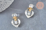 Pendentif bouteille parfum cristal de roche naturel laiton doré 27mm, x1 (G6736)