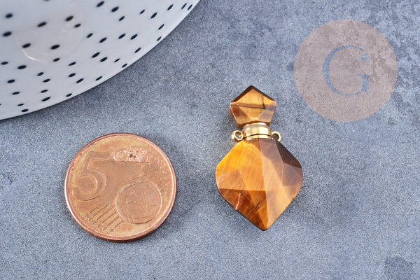 Pendentif bouteille parfum oeil de tigre naturel laiton 27mm, x1 (G8632)