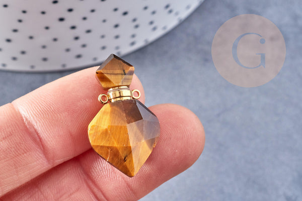 Pendentif bouteille parfum oeil de tigre naturel laiton 27mm, x1 (G8632)