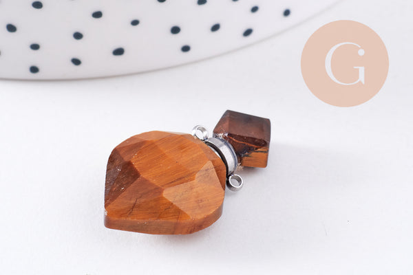 Pendentif bouteille parfum œil de tigre naturel laiton platine 27mm, x1 (G10582)