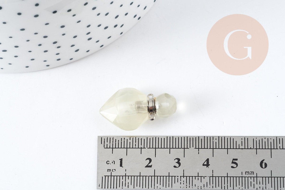 Pendentif bouteille parfum quartz citron naturel laiton platine 27mm, x1 (G9105)