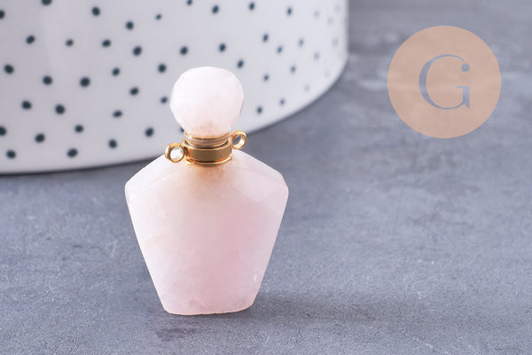 Pendentif bouteille parfum quartz rose naturel acier inoxydable doré 39mm, x1 (G3012)