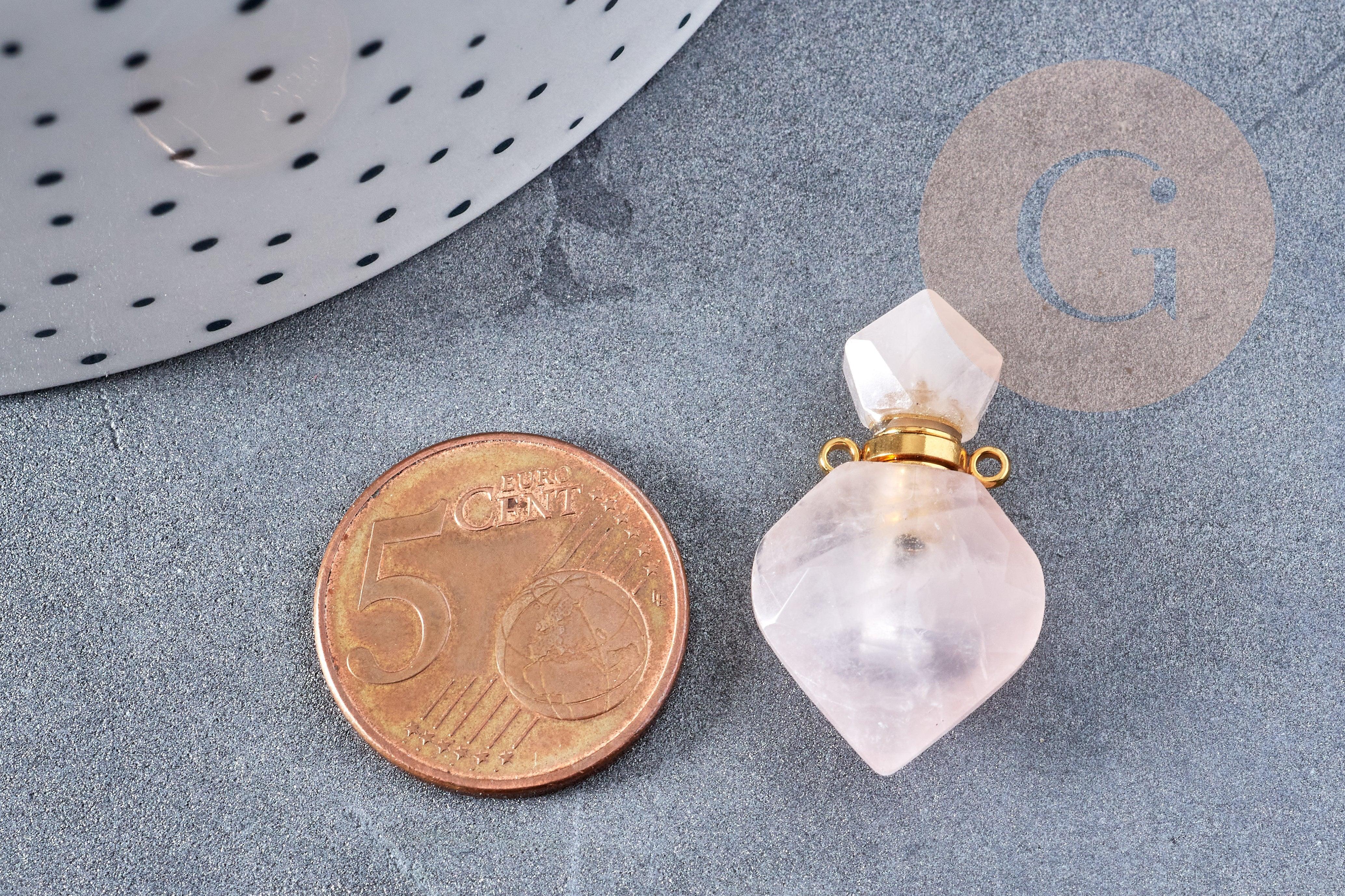 Pendentif bouteille parfum quartz rose naturel laiton 27mm, x1 (G8633)