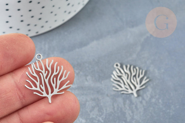 Pendentif branche de corail acier 201 inoxydable argenté 23.5mm, x1 (G8158)