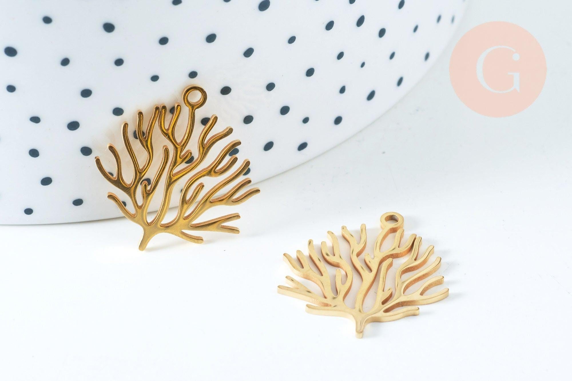 Pendentif branche de corail acier 201 inoxydable doré 18K 23.5mm, x1 (G6337)