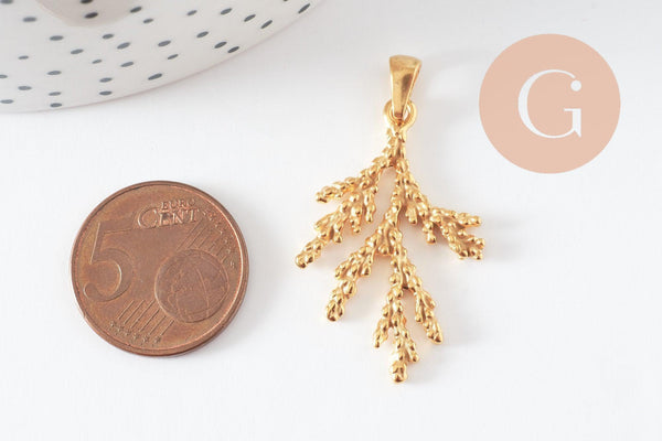 Pendentif branche de corail acier 201 inoxydable doré IP 34mm, création bijoux résistants x1 G9671