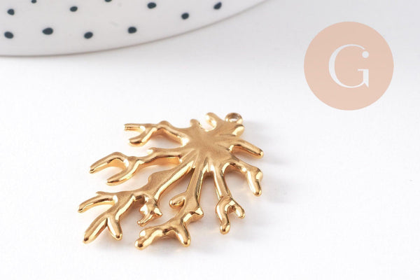 Pendentif branche de corail acier 304 inoxydable doré 18K 36mm, x1 (G10508)