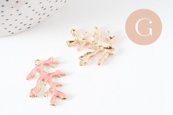Pendentif branche de corail zamac doré émail rose 30mm, x1 (G9690)